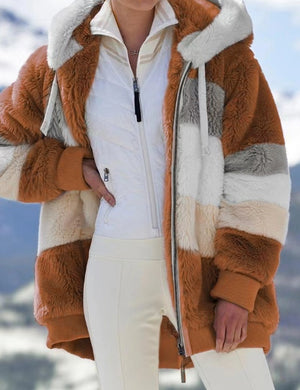 Women’s Cozy Plush Multicolor Hooded Jacket – Loose Fit, Soft & Stylish Winter Wear