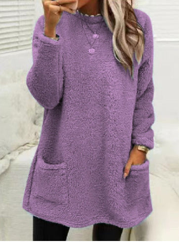 Cozy Women’s Fleece Pullover Sweater – Winter Warm Long Sleeve Plush Top with Pockets for Casual Comfort