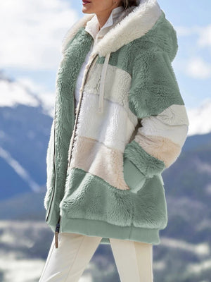 Women’s Cozy Plush Multicolor Hooded Jacket – Loose Fit, Soft & Stylish Winter Wear