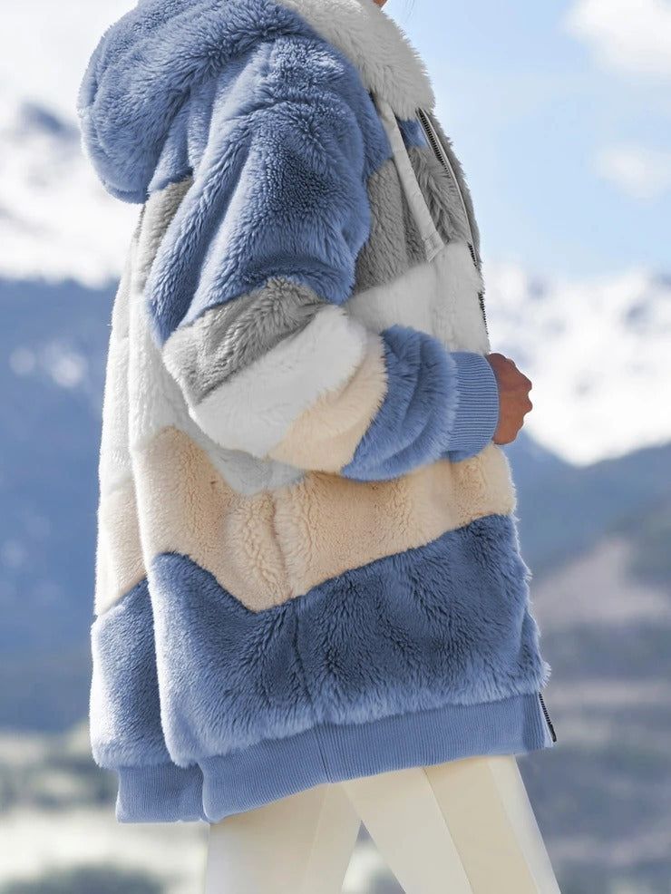 Women’s Cozy Plush Multicolor Hooded Jacket – Loose Fit, Soft & Stylish Winter Wear