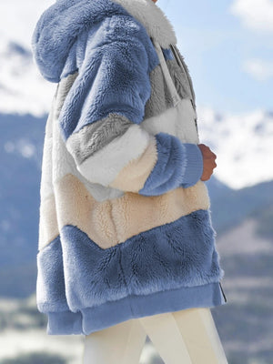 Women’s Cozy Plush Multicolor Hooded Jacket – Loose Fit, Soft & Stylish Winter Wear