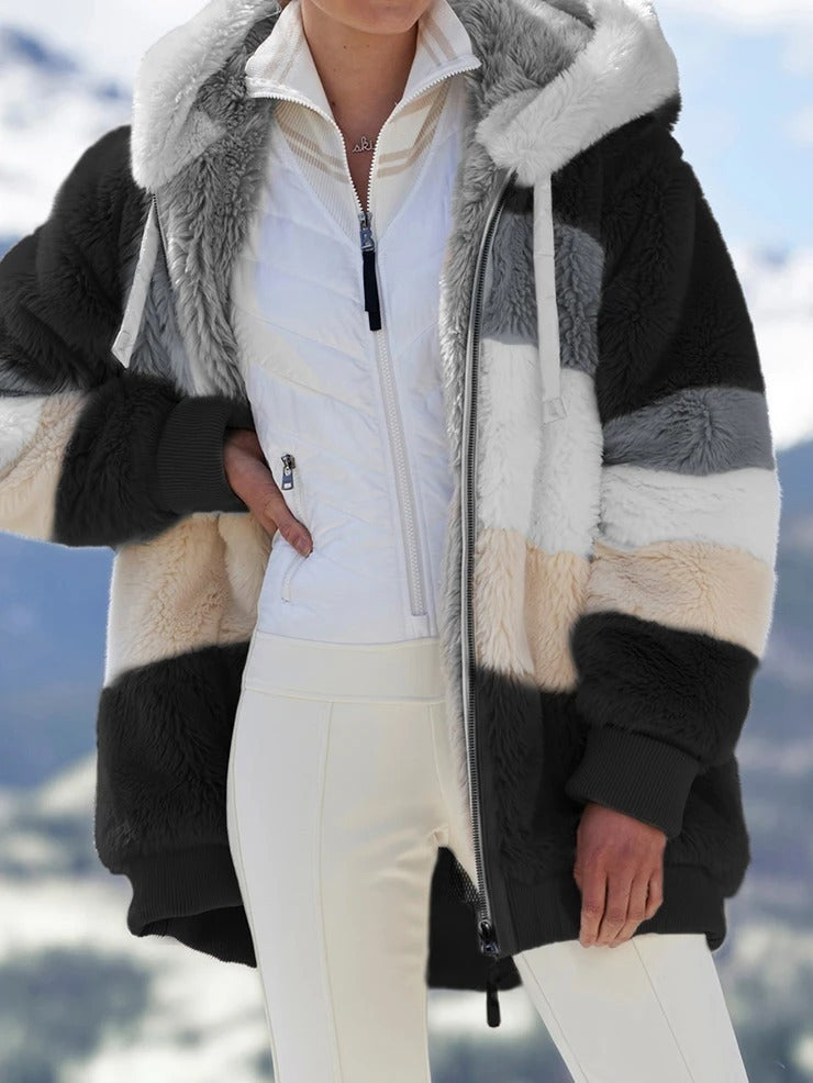 Women’s Cozy Plush Multicolor Hooded Jacket – Loose Fit, Soft & Stylish Winter Wear