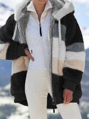 Women’s Cozy Plush Multicolor Hooded Jacket – Loose Fit, Soft & Stylish Winter Wear