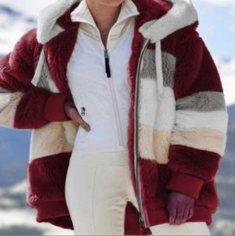 Women’s Cozy Plush Multicolor Hooded Jacket – Loose Fit, Soft & Stylish Winter Wear