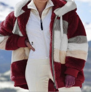 Women’s Cozy Plush Multicolor Hooded Jacket – Loose Fit, Soft & Stylish Winter Wear