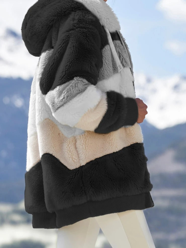 Women’s Cozy Plush Multicolor Hooded Jacket – Loose Fit, Soft & Stylish Winter Wear