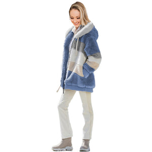 Women’s Cozy Plush Multicolor Hooded Jacket – Loose Fit, Soft & Stylish Winter Wear