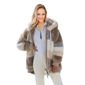 Women’s Cozy Plush Multicolor Hooded Jacket – Loose Fit, Soft & Stylish Winter Wear
