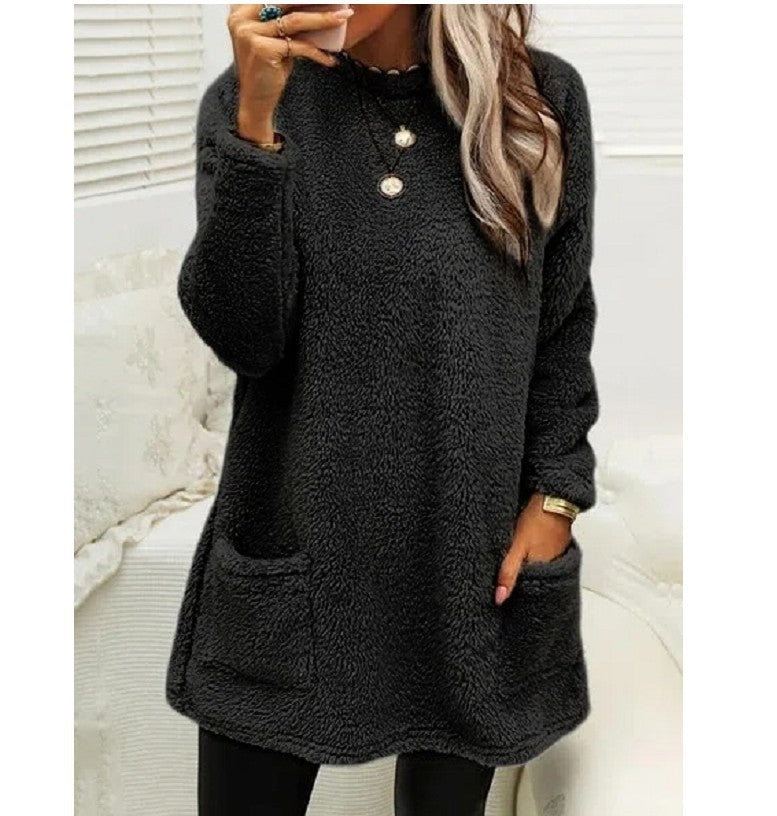 Cozy Women’s Fleece Pullover Sweater – Winter Warm Long Sleeve Plush Top with Pockets for Casual Comfort