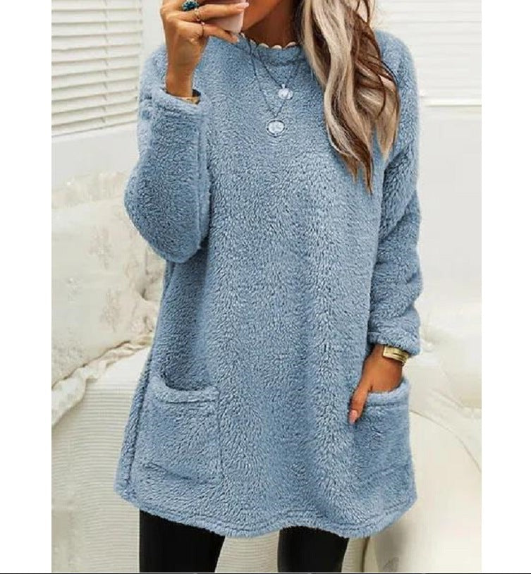 Cozy Women’s Fleece Pullover Sweater – Winter Warm Long Sleeve Plush Top with Pockets for Casual Comfort