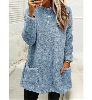 Cozy Women’s Fleece Pullover Sweater – Winter Warm Long Sleeve Plush Top with Pockets for Casual Comfort