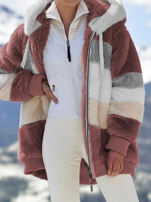 Women’s Cozy Plush Multicolor Hooded Jacket – Loose Fit, Soft & Stylish Winter Wear