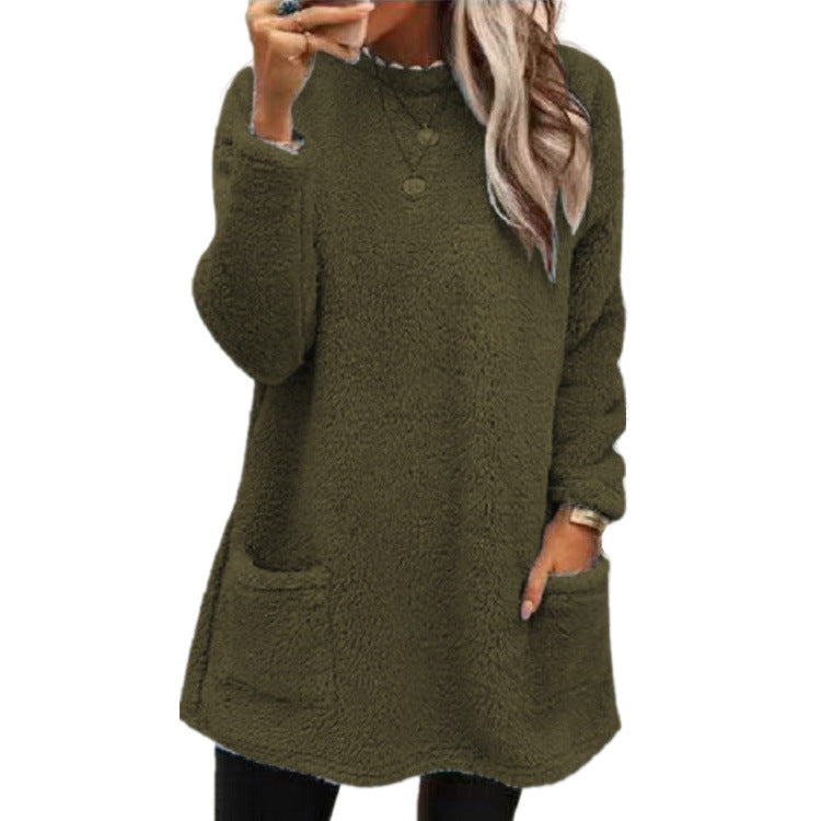 Cozy Women’s Fleece Pullover Sweater – Winter Warm Long Sleeve Plush Top with Pockets for Casual Comfort