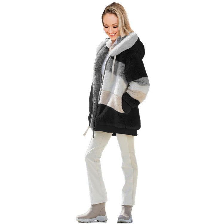 Women’s Cozy Plush Multicolor Hooded Jacket – Loose Fit, Soft & Stylish Winter Wear