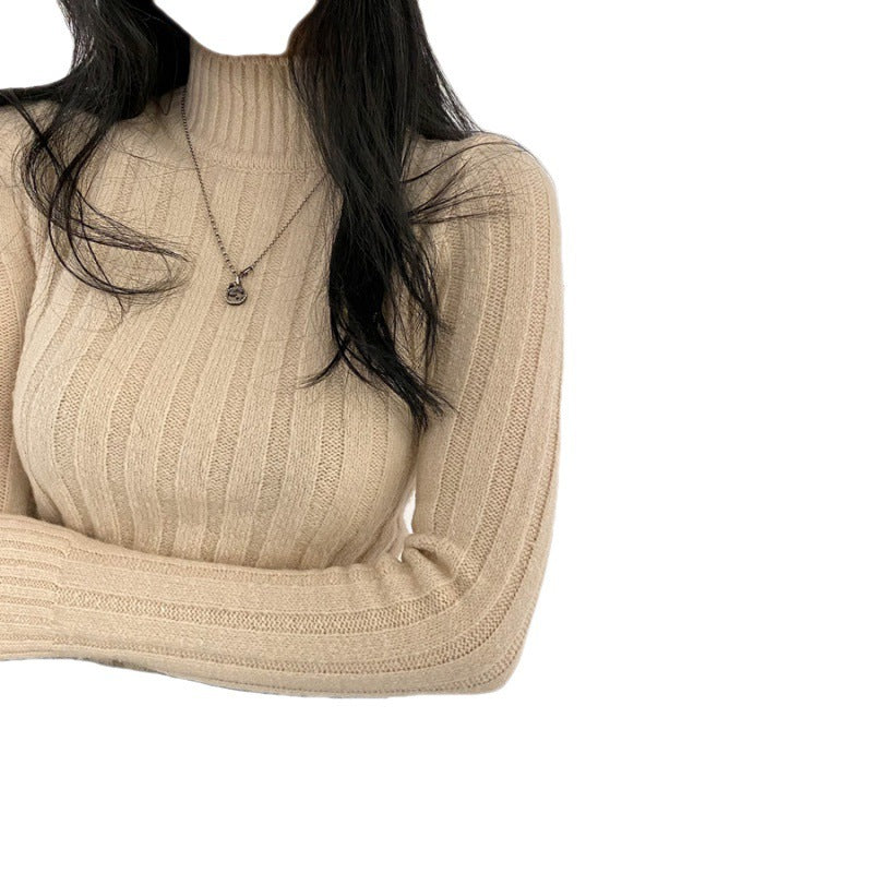 Half Turtleneck Knitted Sweater for Women – Warm Long Sleeve Slim Fit Pullover in Apricot, Black & Tawny