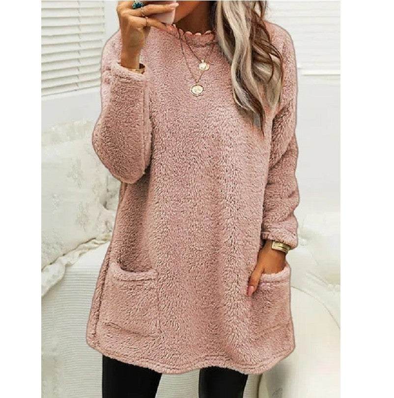 Cozy Women’s Fleece Pullover Sweater – Winter Warm Long Sleeve Plush Top with Pockets for Casual Comfort