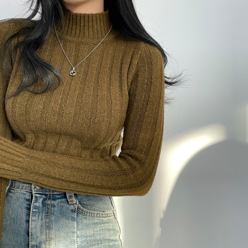 Half Turtleneck Knitted Sweater for Women – Warm Long Sleeve Slim Fit Pullover in Apricot, Black & Tawny