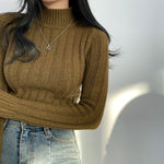 Half Turtleneck Knitted Sweater for Women – Warm Long Sleeve Slim Fit Pullover in Apricot, Black & Tawny