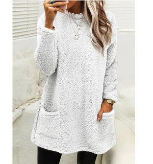 Cozy Women’s Fleece Pullover Sweater – Winter Warm Long Sleeve Plush Top with Pockets for Casual Comfort
