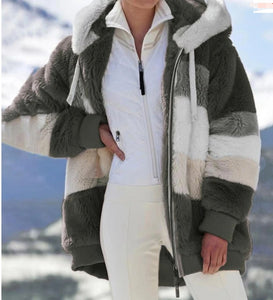 Women’s Cozy Plush Multicolor Hooded Jacket – Loose Fit, Soft & Stylish Winter Wear