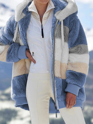 Women’s Cozy Plush Multicolor Hooded Jacket – Loose Fit, Soft & Stylish Winter Wear