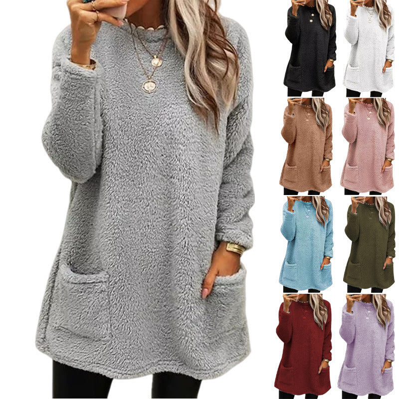 Cozy Women’s Fleece Pullover Sweater – Winter Warm Long Sleeve Plush Top with Pockets for Casual Comfort