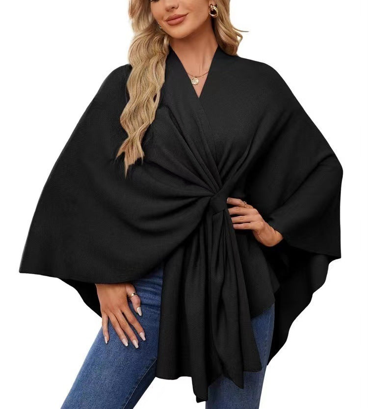 Loose V-Neck Shawl Cape Jacket – Cotton Batwing Sleeve Cardigan for Women, Casual Commuting Style, Multiple Colors