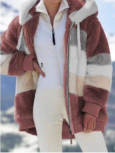 Women’s Cozy Plush Multicolor Hooded Jacket – Loose Fit, Soft & Stylish Winter Wear