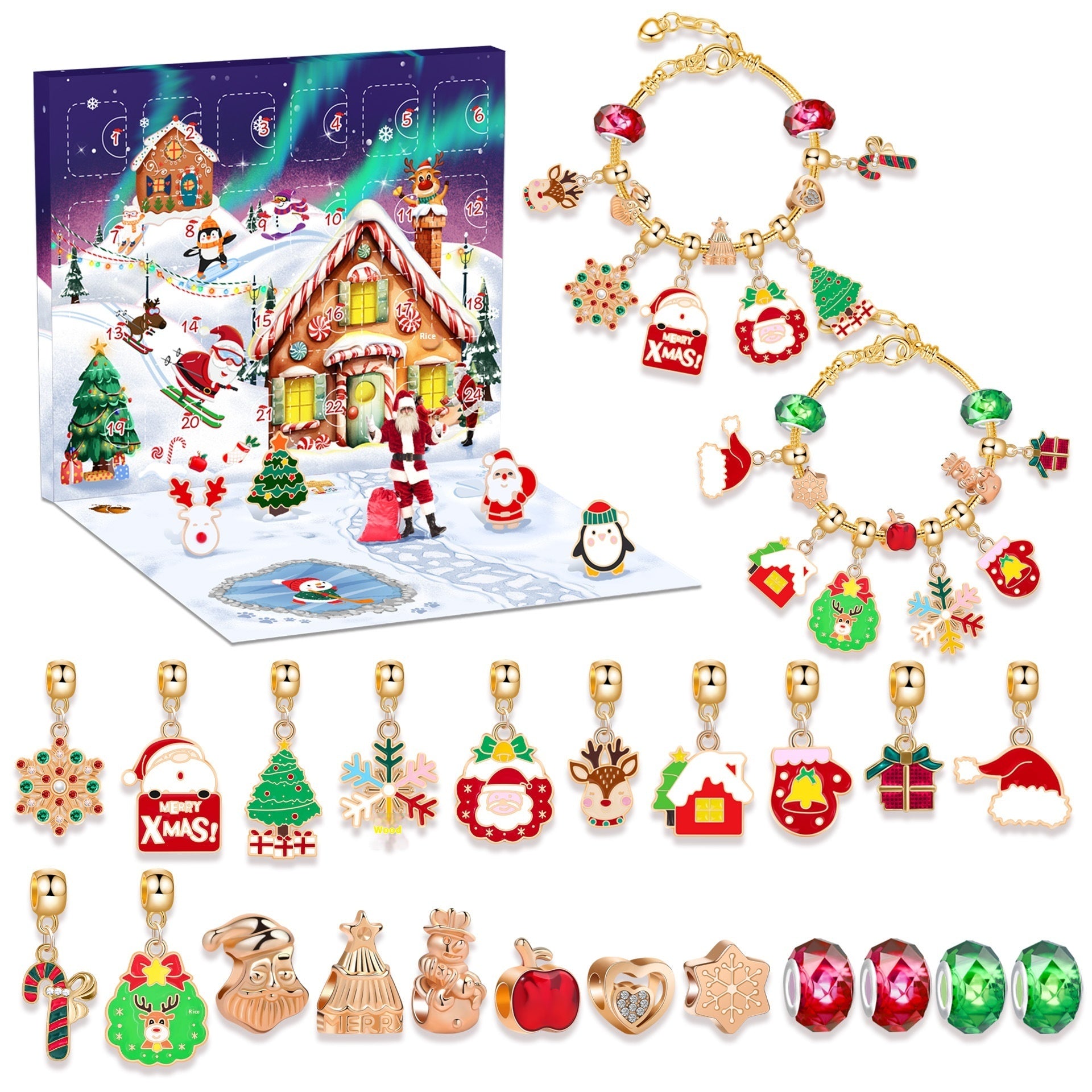 Festive Golden Christmas DIY Bracelet for Kids – Santa, Snowman & Holiday Charm Jewelry