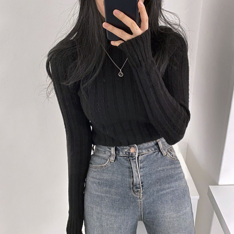 Half Turtleneck Knitted Sweater for Women – Warm Long Sleeve Slim Fit Pullover in Apricot, Black & Tawny