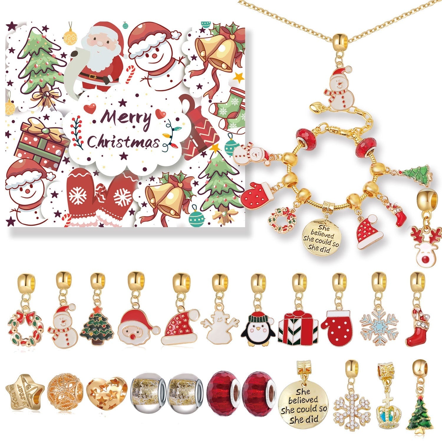Festive Golden Christmas DIY Bracelet for Kids – Santa, Snowman & Holiday Charm Jewelry