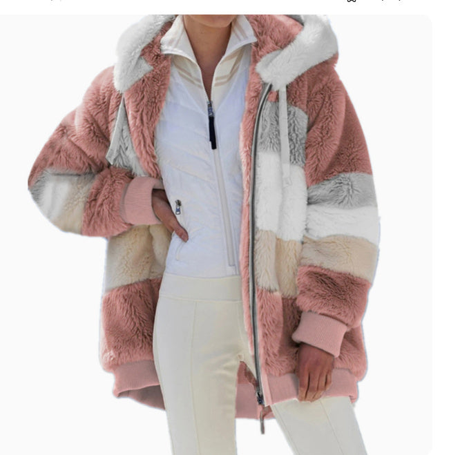 Women’s Cozy Plush Multicolor Hooded Jacket – Loose Fit, Soft & Stylish Winter Wear