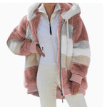 Women’s Cozy Plush Multicolor Hooded Jacket – Loose Fit, Soft & Stylish Winter Wear