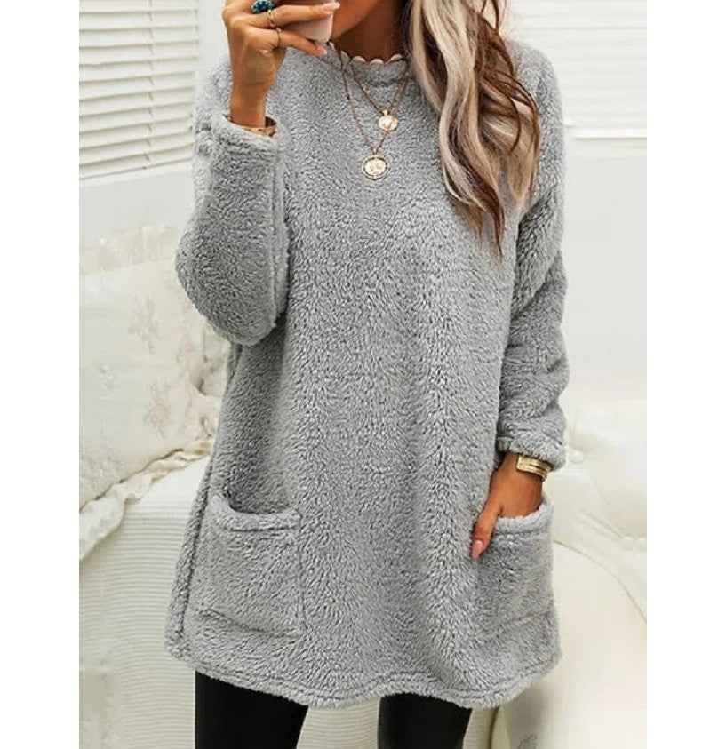Cozy Women’s Fleece Pullover Sweater – Winter Warm Long Sleeve Plush Top with Pockets for Casual Comfort