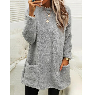 Cozy Women’s Fleece Pullover Sweater – Winter Warm Long Sleeve Plush Top with Pockets for Casual Comfort