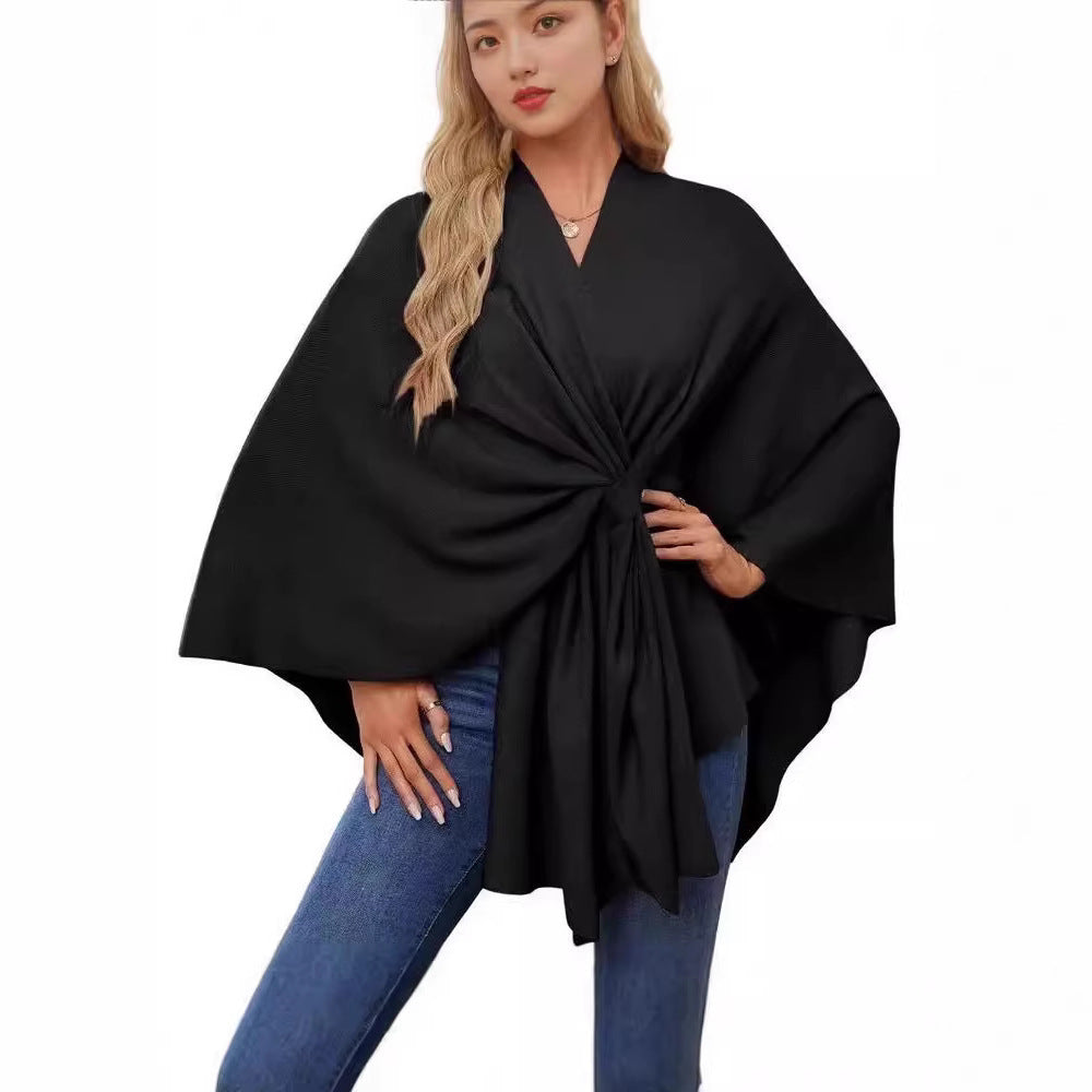 Loose V-Neck Shawl Cape Jacket – Cotton Batwing Sleeve Cardigan for Women, Casual Commuting Style, Multiple Colors