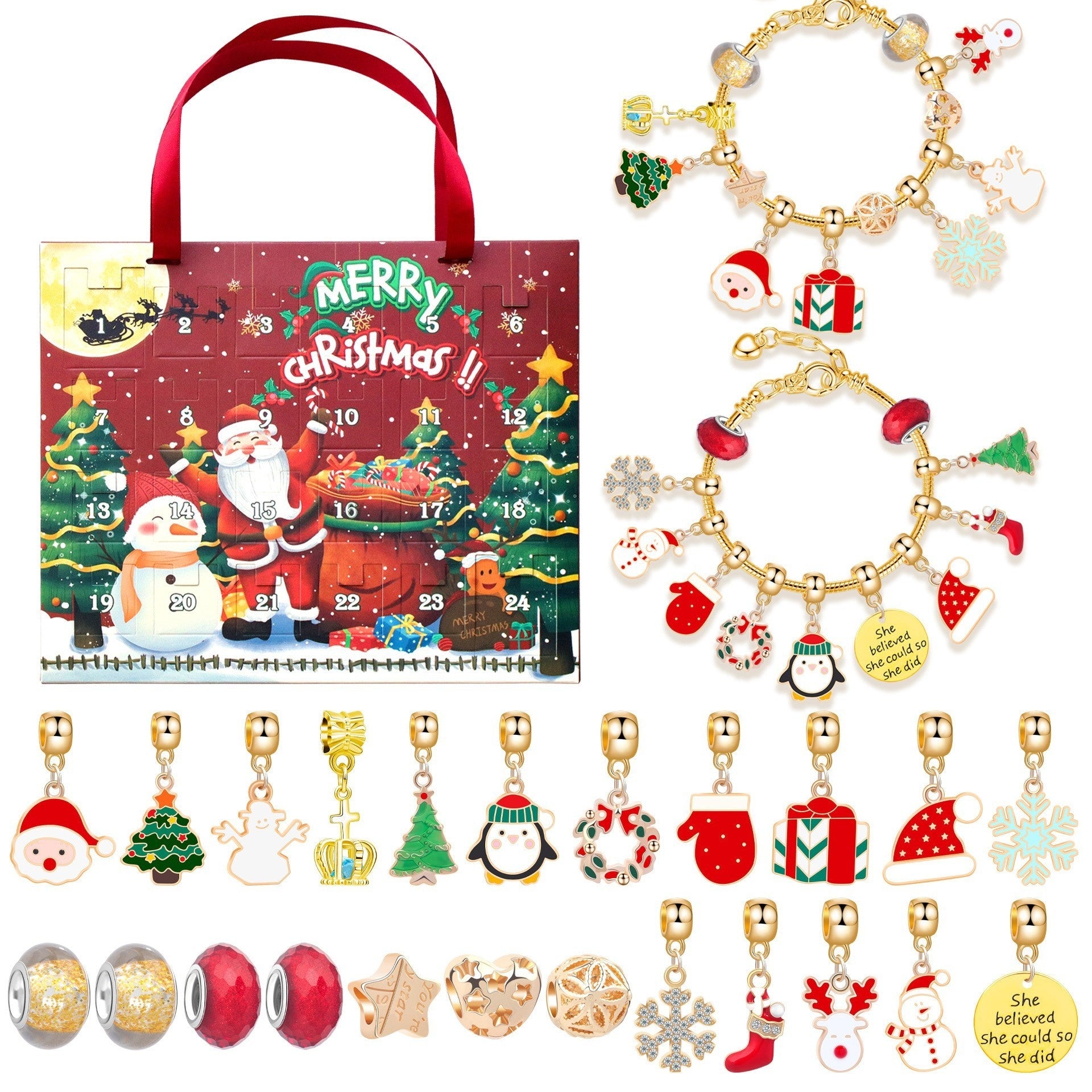 Festive Golden Christmas DIY Bracelet for Kids – Santa, Snowman & Holiday Charm Jewelry