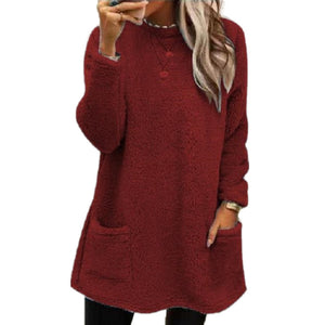 Cozy Women’s Fleece Pullover Sweater – Winter Warm Long Sleeve Plush Top with Pockets for Casual Comfort
