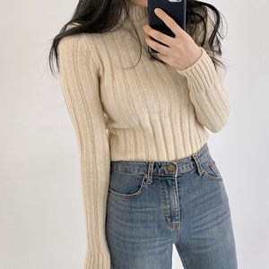 Half Turtleneck Knitted Sweater for Women – Warm Long Sleeve Slim Fit Pullover in Apricot, Black & Tawny