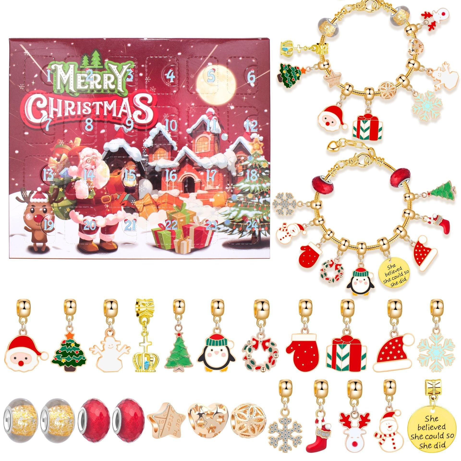 Festive Golden Christmas DIY Bracelet for Kids – Santa, Snowman & Holiday Charm Jewelry