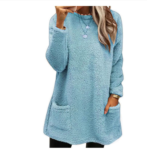 Cozy Women’s Fleece Pullover Sweater – Winter Warm Long Sleeve Plush Top with Pockets for Casual Comfort