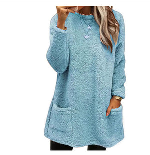 Cozy Women’s Fleece Pullover Sweater – Winter Warm Long Sleeve Plush Top with Pockets for Casual Comfort