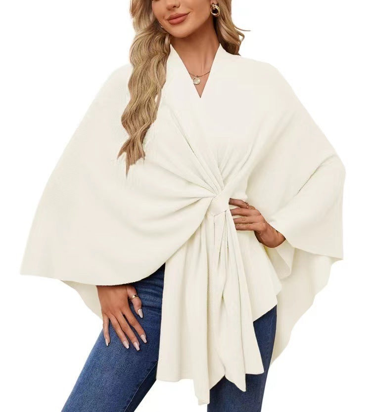 Loose V-Neck Shawl Cape Jacket – Cotton Batwing Sleeve Cardigan for Women, Casual Commuting Style, Multiple Colors