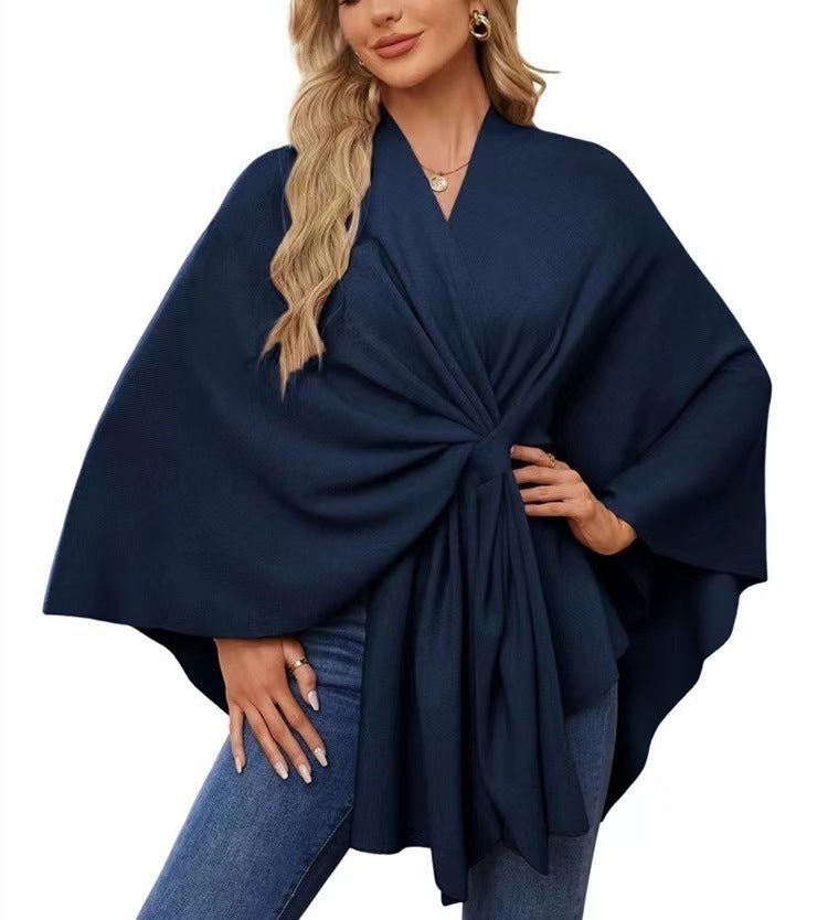 Loose V-Neck Shawl Cape Jacket – Cotton Batwing Sleeve Cardigan for Women, Casual Commuting Style, Multiple Colors