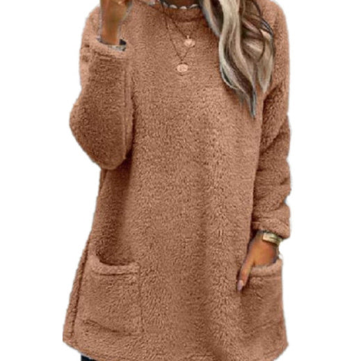 Cozy Women’s Fleece Pullover Sweater – Winter Warm Long Sleeve Plush Top with Pockets for Casual Comfort