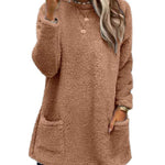 Cozy Women’s Fleece Pullover Sweater – Winter Warm Long Sleeve Plush Top with Pockets for Casual Comfort