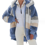 Women’s Cozy Plush Multicolor Hooded Jacket – Loose Fit, Soft & Stylish Winter Wear