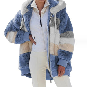 Women’s Cozy Plush Multicolor Hooded Jacket – Loose Fit, Soft & Stylish Winter Wear