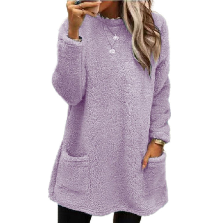 Cozy Women’s Fleece Pullover Sweater – Winter Warm Long Sleeve Plush Top with Pockets for Casual Comfort