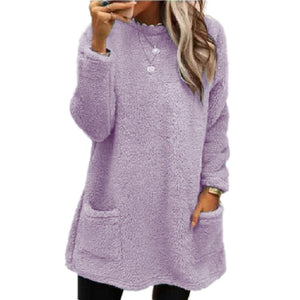 Cozy Women’s Fleece Pullover Sweater – Winter Warm Long Sleeve Plush Top with Pockets for Casual Comfort